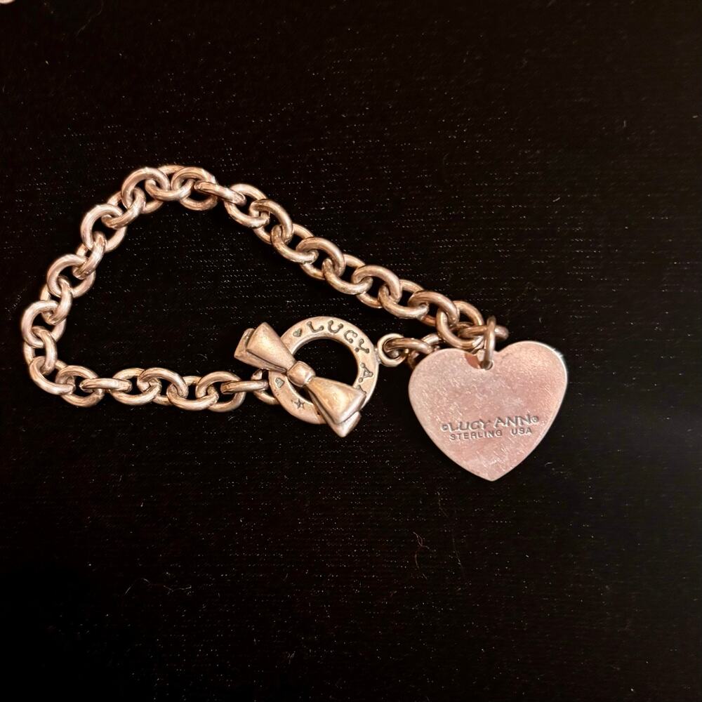 Lucy Ann Sterling Silver Bow Toggle Bracelet 925 USA Heavy Rolo Link w/ Heart